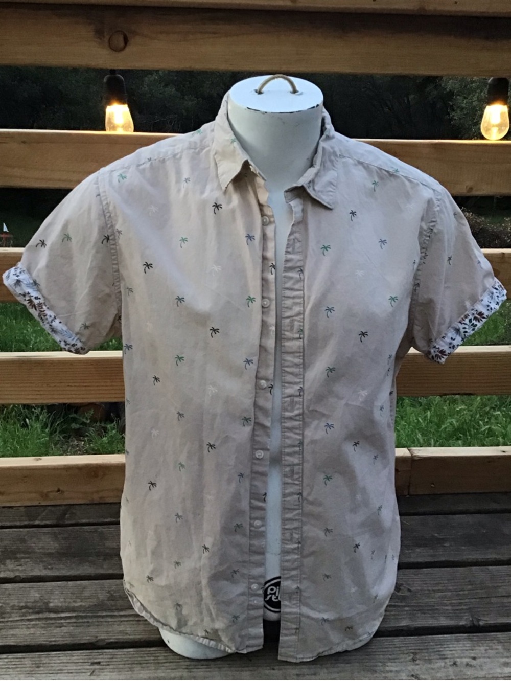 Cactus Men's Short Sleeve Button-Down Shirt in Light Beige with Palm Print